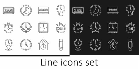 Set line Smartwatch, Stopwatch 24 hours, Clock on laptop, Digital alarm clock, Alarm and icon. Vector