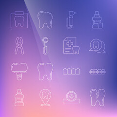 Set line Broken tooth, Teeth with braces, Tooth, drill, Dental inspection mirror, pliers, X-ray of and card icon. Vector