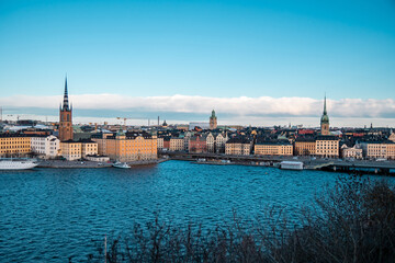 Scenic evening panorama of the Old Town of Stockholm from above
