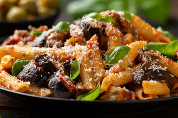 Pasta alla Norma with eggplant or aubergine, tomato, parmesan and basil. Healthy food