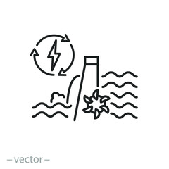 modern hydropower icon, hydroelectric power plant, dam outline,  water energy, electricity water turbine, thin line symbol - editable stroke vector illustration