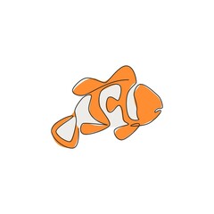 Single continuous line drawing of funny clown fish for logo identity. Stripped anemonefish mascot concept for national zoo icon. Modern one line draw design vector illustration