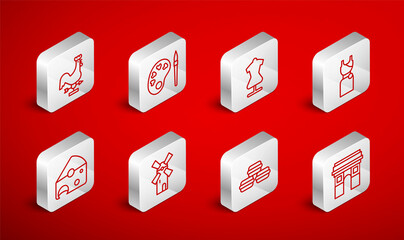 Set line Triumphal Arch, Paint brush with palette, Mannequin, Woman dress, Macaron cookie, Rooster weather vane, Windmill and Cheese icon. Vector
