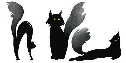 set of illustrations of black cats in different poses