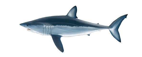Fototapeta premium Ilustración científica de un tiburón Mako, Isurus oxirhynchus, una de las especies más amenazadas por la sobrepesca.