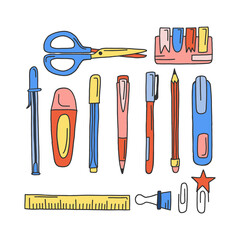 Hand drawn doodle illustrations set of school supplies. Vector clip art stationery objects.