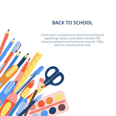 Back to school poster with hand drawn school supplies. Vector illustration with typography.