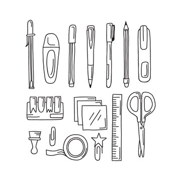 Hand drawn stationery set. Vector clip art  doodle illustration. Set of school supplies.