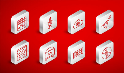 Set line CD or DVD disk, Electric bass guitar, Music streaming service, synthesizer, Sound mixer controller, Stereo speaker and Oscilloscope icon. Vector