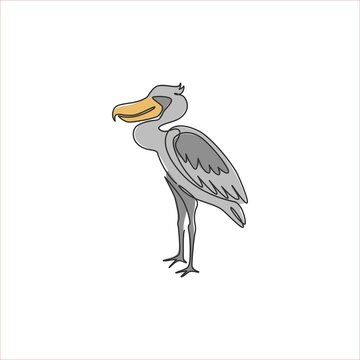 recommend clip art: Single continuous line drawing of large adorable shoebill for logo identity. Big prehistoric dinosaur bird mascot concept for conservation park icon. Modern one line draw design vector illustration