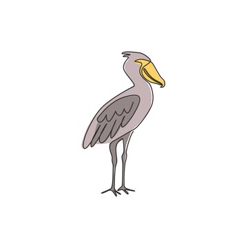 recommend clip art: One single line drawing of enormous shoebill for company logo identity. Large prehistoric bird mascot concept for bird conservation icon. Modern continuous line draw graphic design vector illustration