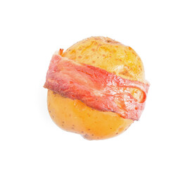 Tasty baked potato with bacon on white background