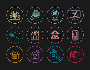 Set line House, Online real estate house, Location with, Megaphone, Hanging sign For Sale and Skyscraper icon. Vector