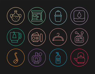 Set line Kettle with handle, Bar of soap, Sauna bucket, Cream or lotion cosmetic tube, Cup tea tea bag, Essential oil bottle, Hanger wardrobe and wooden bathhouse icon. Vector