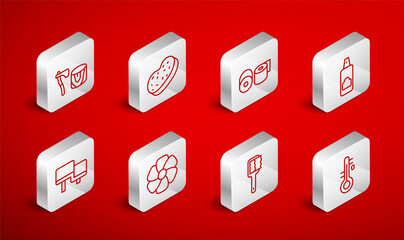 Set line Sauna thermometer, Bath sponge, Toilet paper roll, Spray can for hairspray, brush, Wooden axe in stump, Flower and wood bench icon. Vector