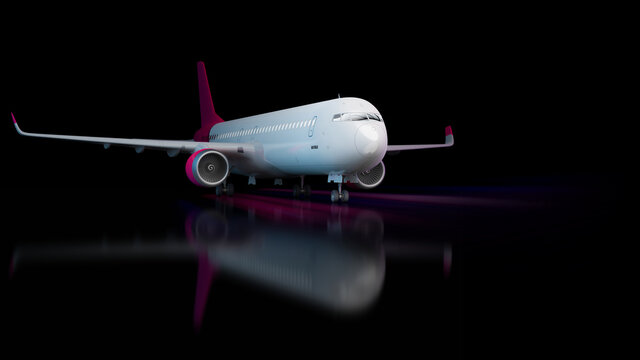 Passenger airplane standing on the runway at night with beautiful reflection and light tracing effect. 3D rendering.