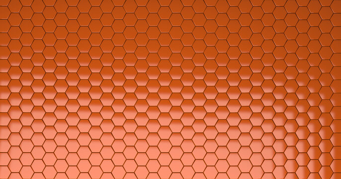 3d render background with orange hexagonal pieces with glitter