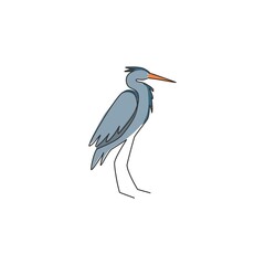 Single continuous line drawing of adorable standing heron for company logo identity. Long beak bird mascot concept for national conservation park icon. Modern one line draw design vector illustration