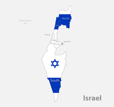Map of the Israel in the colors of the flag with administrative divisions vector