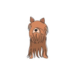 One continuous line drawing of cute yorkshire terrier dog for company logo identity. Purebred dog mascot concept for pedigree friendly pet icon. Modern single line draw design vector illustration