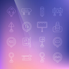 Set line No overtaking road traffic, Stop sign, Traffic cone, light, Turn back, Exclamation mark triangle, Roundabout and Billboard with lights icon. Vector