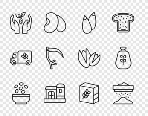 Set line Seeds in bowl, Sifting flour, Farm house, Plant hand, Scythe, Flour pack and Bag of icon. Vector