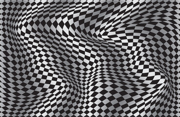 Checkered waves board. Abstract 3d black and white illusions