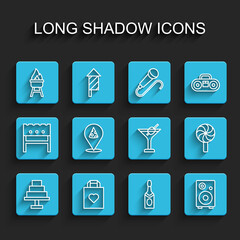 Set line Cake, Shopping bag with heart, Barbecue grill, Champagne bottle, Stereo speaker, Slice of pizza, Lollipop and Martini glass icon. Vector