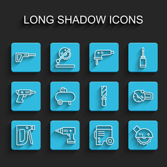 Set line Construction stapler, Electric cordless screwdriver, Reciprocating saw, Power electric generator, circular, Air compressor, Angle grinder and Rasp metal file icon. Vector