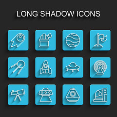 Set line Telescope, UFO flying spaceship, Comet falling down fast, Space capsule, Astronaut helmet, Rocket, Radar and icon. Vector