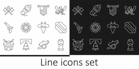 Set line Stage stand or tribune, Hotdog sandwich, American flag, Firework, Vintage pistols, Sausage on the fork and icon. Vector