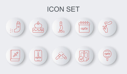 Set line No smoking, Book with stop cigarette, Cigarette butt, Lungs x-ray diagnostics, Inhaler, Heartbeat increase, and Broken icon. Vector