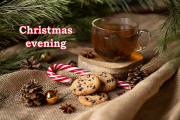 writing christmas evening and tea with cookies
