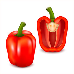 Red bell pepper. One whole and one half organic bell pepper  isolated on white background. 3d illustration 