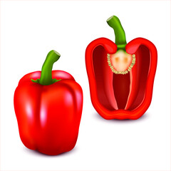 Red bell pepper. One whole and one half organic bell pepper  isolated on white background. Vector illustration EPS 10