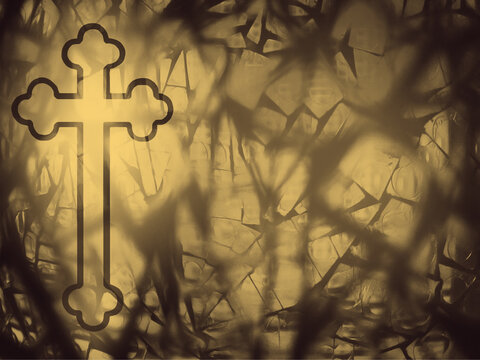 budded cross brown tan stained glass backdrop with lighting effects, image has 4 to 3 ratio 