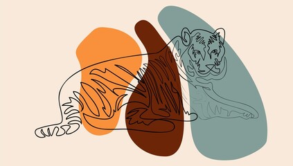 Vector illustration. The symbol of the Chinese New Year 2022, the year of the tiger. Wild animals are drawn with one solid line. Simple geometric elements. Asian elements in handicraft style.