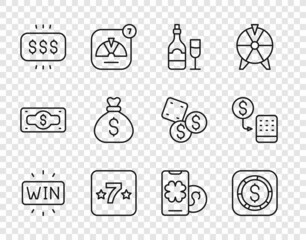 Set line Casino win, Coin money with dollar, Champagne bottle glass, slot machine, Money prize casino, bag, Online poker table game and chips exchange icon. Vector