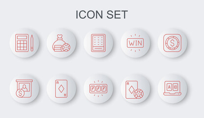 Set line Online poker table game, Casino chips exchange, Lottery ticket, and playing cards, Bingo, Money bag, Playing with diamonds and Slot machine jackpot icon. Vector