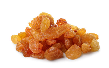 Pile of sweet raisins on white background