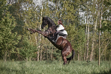 Fototapeta premium Beautiful long-haired girl riding a horse