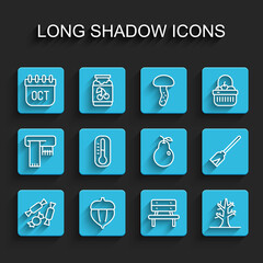 Set line Candy, Acorn, October calendar autumn, Bench, Bare tree, Thermometer, Handle broom and Pear icon. Vector