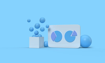 3d rendering of figures, composition on the topic of graphs, analytics, statistics. Balls fly out of the box, a board with a graph. Modern minimal style. Blue background.