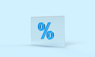 A glass browser window with a percentage. 3d rendering on the topic of bank, cashback, discounts, sales, purchases. Modern, minimal style. Blue background.