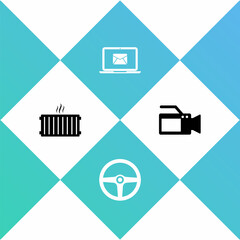 Set Heating radiator, Steering wheel, Laptop with envelope and Cinema camera icon. Vector