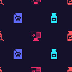 Set Cat medicine bottle, Medical certificate for dog or cat, Clinical record pet on monitor and Dog and pills on seamless pattern. Vector