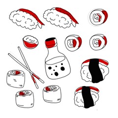 Collection of sushi and rolls with salmon and rice