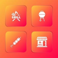Set Crossed fork and spatula, Barbecue grill, Grilled shish kebab and shopping building icon. Vector