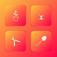 Set Flowers in pot, Automatic irrigation sprinklers, Gardening handmade scissor and shovel icon. Vector