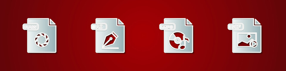 Set RAW file document, AI, MP3 and GIF icon. Vector
